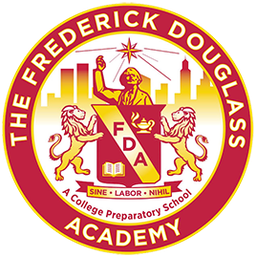 The Frederick Douglass Academy crest: two lions flanking an FDA shield beneath a radiant star, ringed by the motto Sine Labor Nihil.