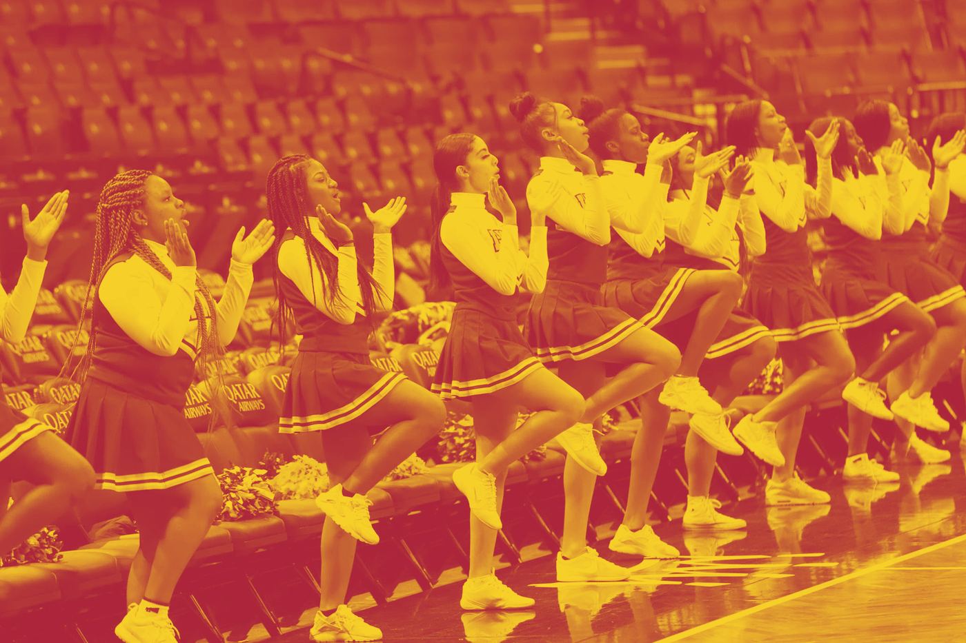 The FDA Varsity Coed Double Dutch team performing in a line.