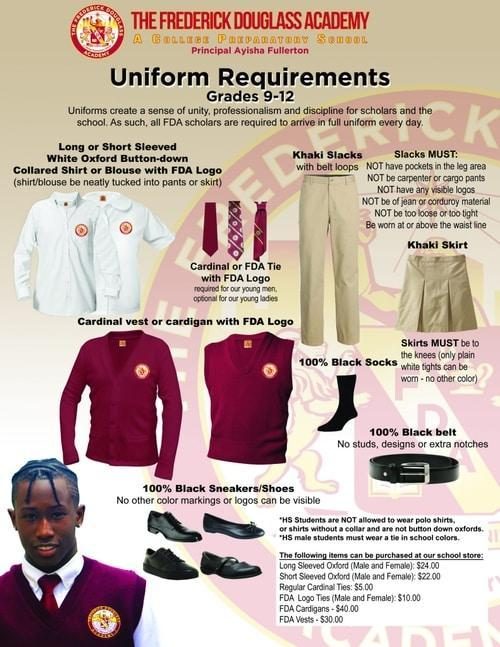 High school uniform requirements flyer showing the white shirt, maroon tie, khaki trousers, black belt and black shoes.