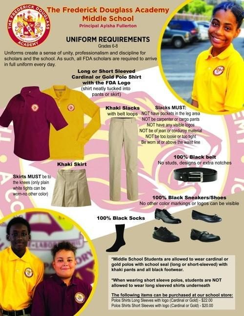 Middle school uniform requirements flyer showing the maroon polo, khaki trousers, black belt and black shoes.